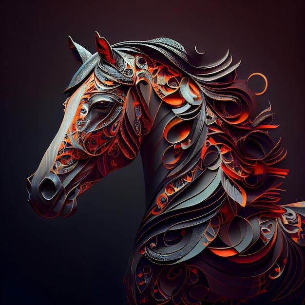 Cabeza de caballo con ornamento abstracto sobre ilustración de fondo oscuro