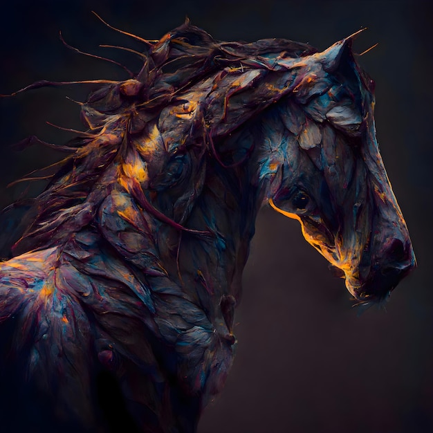 Cabeza de caballo con plumas azules y naranjas Retrato de animales de fantasía