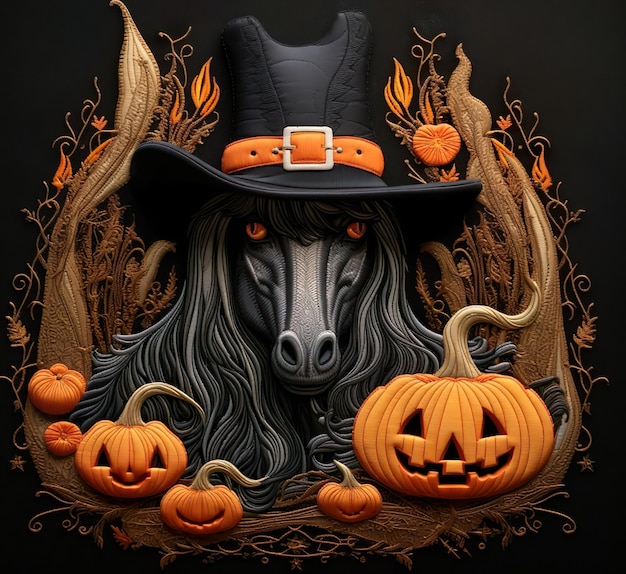 Una cabeza de caballo con un sombrero negro y un sombrero negro y calabazas para Halloween