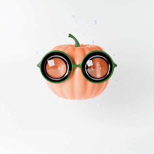 Cabeza de calabaza de divertidos dibujos animados naranja en gafas redondas de moda, concepto de personaje sobre el tema de la fiesta Helloween, ilustración 3D, render