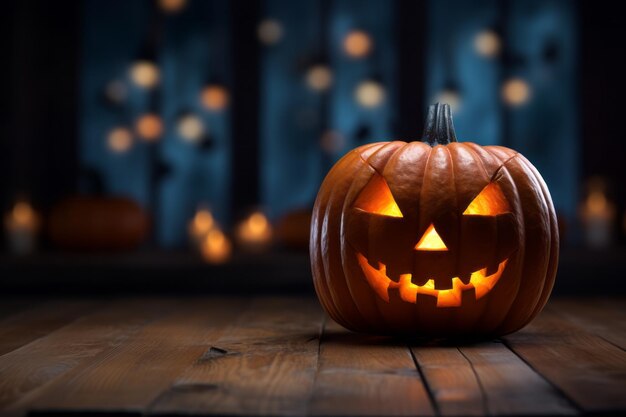 Cabeza de calabaza de Halloween Jack o linterna en mesa de madera y fondo oscuro