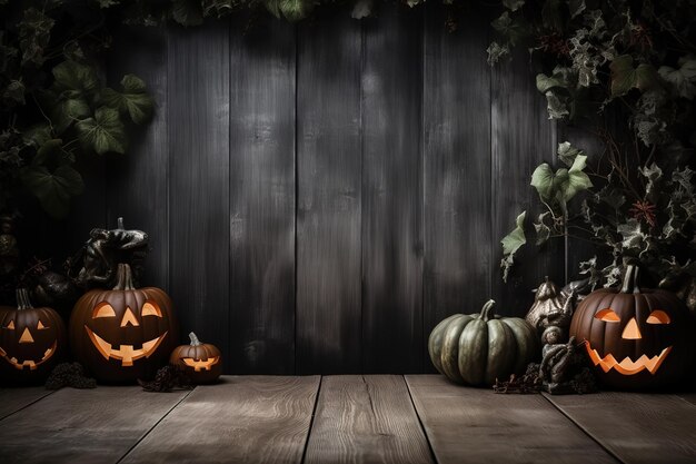 Cabeza de calabaza de Halloween sobre un fondo de madera