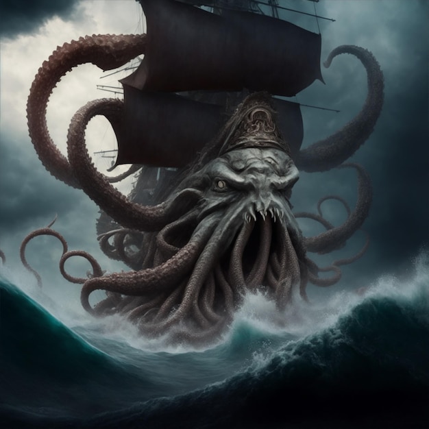 cabeza de calamar gigante kraken envolviendo sus tentáculos alrededor de la ilustración barco pirata