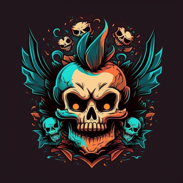 Cabeza de calavera con alas en el personaje de halloween de fondo