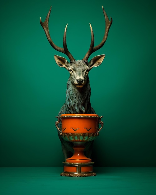 una cabeza de ciervo con cuernos encima de un jarrón