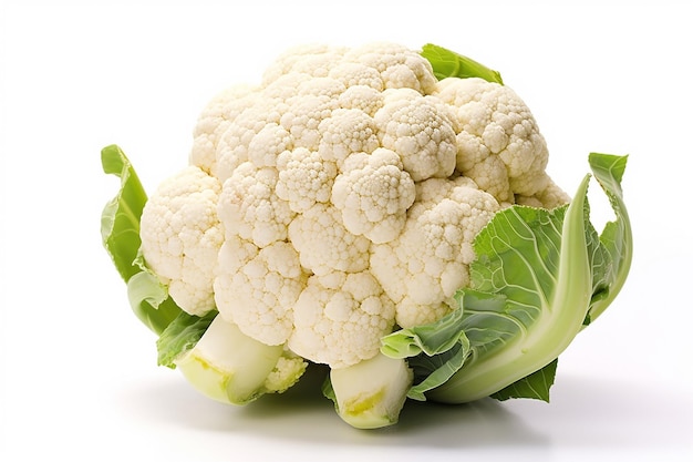 Una cabeza de coliflor con hojas verdes sobre un fondo blanco.