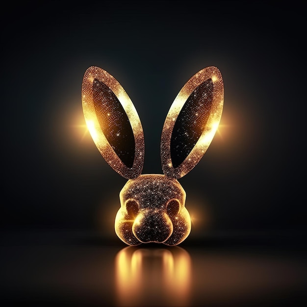 Una cabeza de conejo dorada con un fondo negro y un fondo negro.
