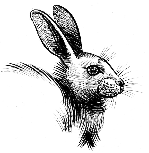 Cabeza de conejo Tinta dibujo en blanco y negro