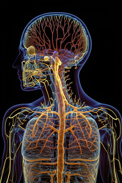 Una cabeza y cuello humanos con las venas etiquetadas como linfáticas.