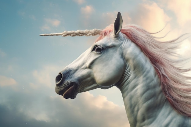 Una cabeza y un cuerno de unicornio aislados en un fondo blanco Unicornio en los cielos fantasía Generative Ai