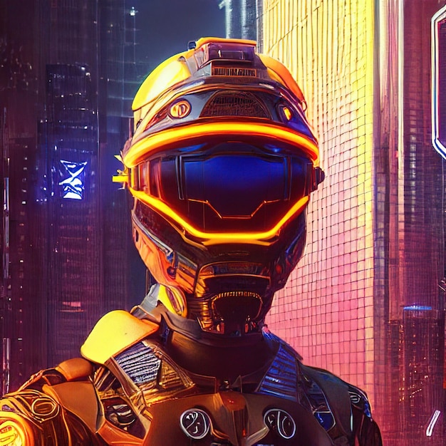 Cabeza de cyborg tecnológico AI o inteligencia artificial en forma de casco de cyborg mecánico robot con luz de neón Arte digital