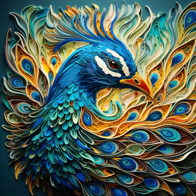 Una cabeza de dibujos animados de un pavo real en un papel colorido en el estilo de arte de fantasía detallado cian oscuro