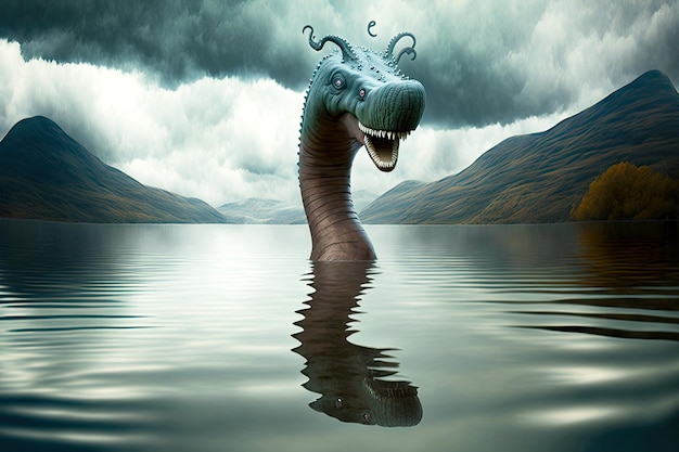 Cabeza con dientes y bigotes del monstruo de Loch Ness sobre la superficie del lago