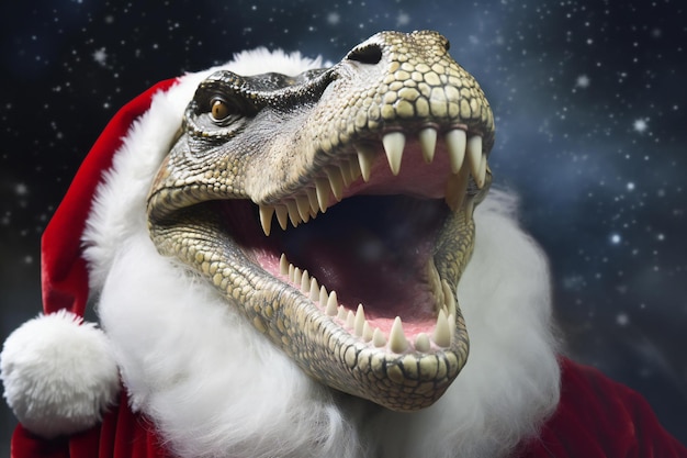 Cabeza de dinosaurio con boca abierta y sombrero de Papá Noel en fondo oscuro