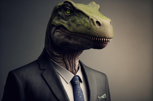 Una cabeza de dinosaurio con camisa y corbata.