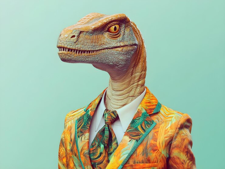 una cabeza de dinosaurio con una corbata y una corbata que dice "el dinosaurio"