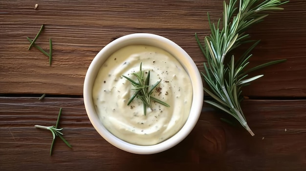 en la cabeza disparó un pequeño cuenco con salsa de romero ajo aioli