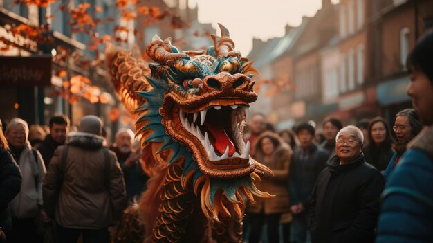 Cabeza de dragón delante de una multitud en un evento