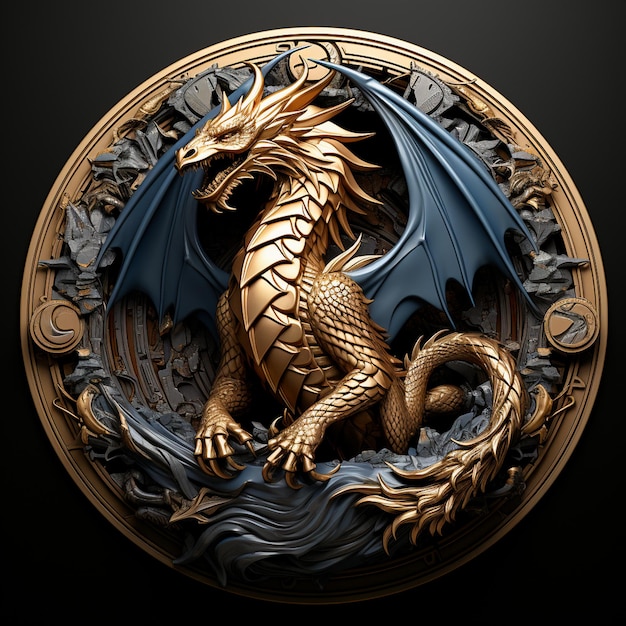 Foto cabeza de dragón dorado heráldico sobre fondo negro escudo de armas logotipo estilizado círculo medieval