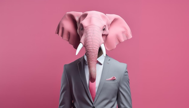 Cabeza de elefante con traje de negocios masculino en fondo rosa