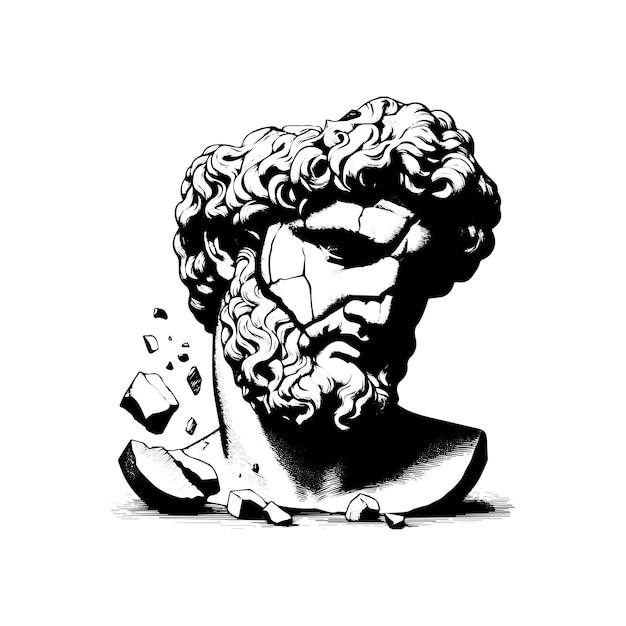 cabeza de estatua agrietada de escultura griega boceto estilo de grabado ilustración vectorial silueta griega