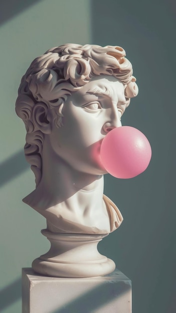 La cabeza de la estatua blanca femenina de la antigüedad sopla chicle rosa Arte contemporáneo IA generativa