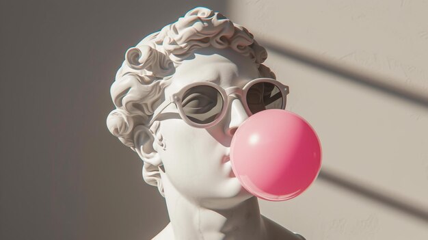 La cabeza de la estatua blanca masculina de antigüedad usa gafas de sol y sopla chicle rosa AI generativa