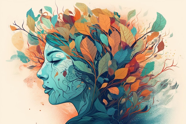 Cabeza femenina vibrante con hojas de árboles multicolores arte digital surrealista imágenes orgánicas animadas IA generativa