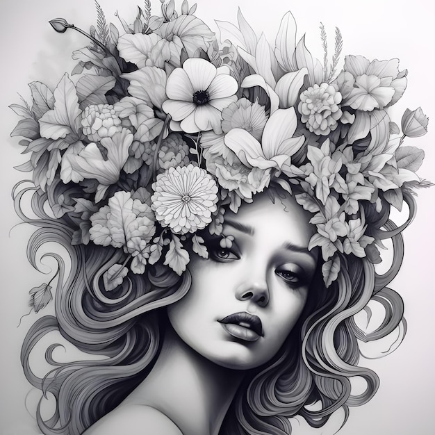 Cabeza de flor Cabeza de flores Flores en el cabello Cara de mujer dibujando blanco y negro