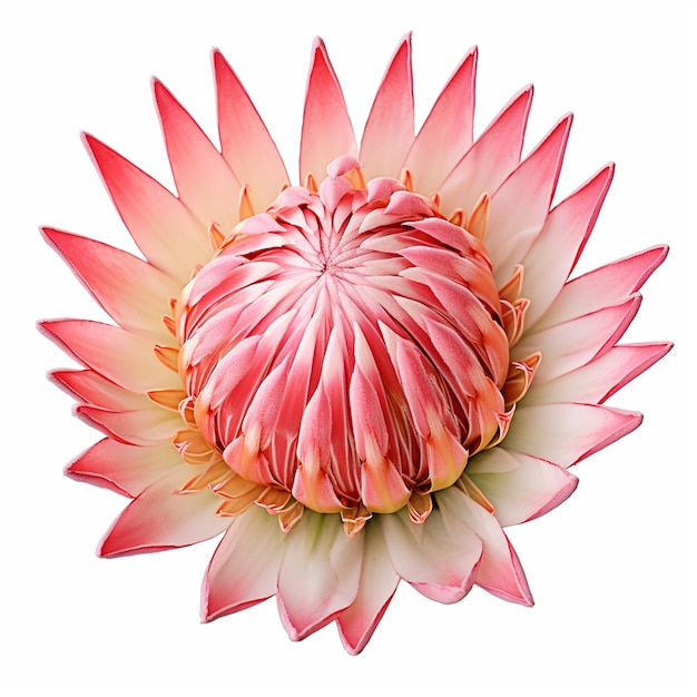Una cabeza de flor King Protea sobre un fondo blanco.