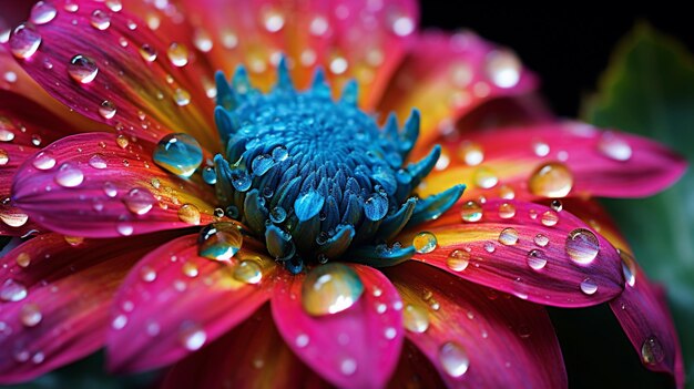 Foto cabeza de flor vibrante en macro fresca y húmeda con rocío