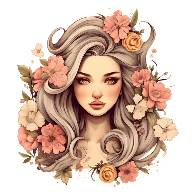 Cabeza de flores Flores en el cabello Dibujo facial de anime Mujer flor