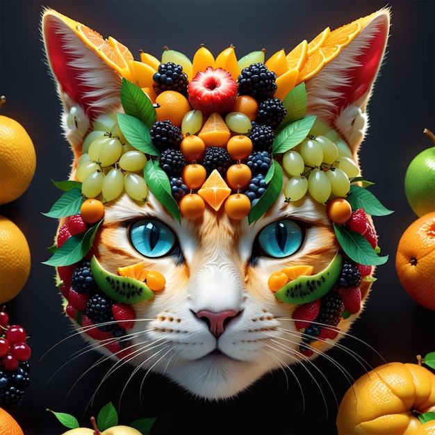 cabeza de gato hecha de frutas diversas detalle intrincado iluminación volumétrica foto de cara iluminada