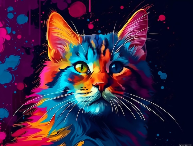 Una cabeza de gato negro con un vibrante estilo pop art.