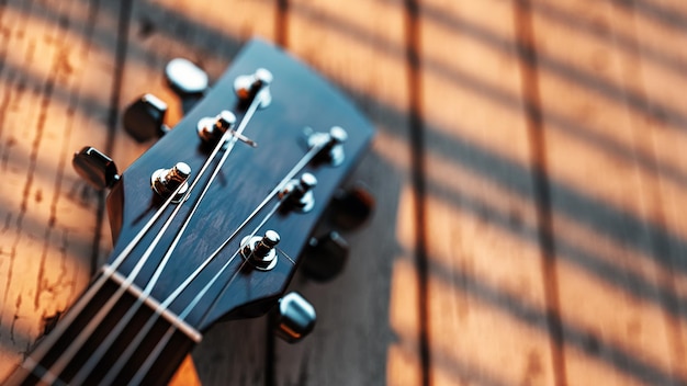 Foto cabeza de guitarra acústica de color marrón oscuro colocada en una mesa de madera de color marrón claro ilustración de renderización 3d