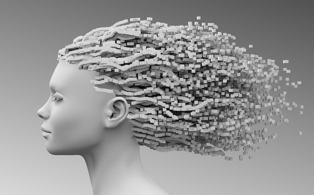 Cabeza de una hermosa mujer joven y píxeles 3D como cabello Ilustración 3D