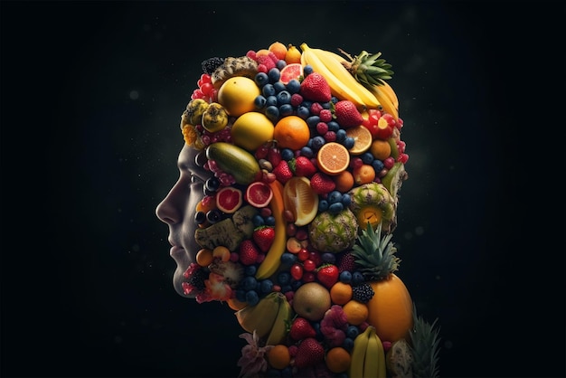 La cabeza de un hombre con muchas frutas generativas ai.