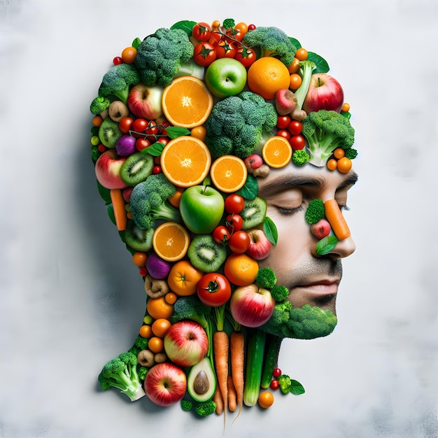 Foto una cabeza de hombre con muchas frutas y verduras en ella