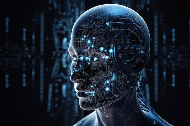 La cabeza de un hombre se muestra frente a una IA generativa de fondo digital