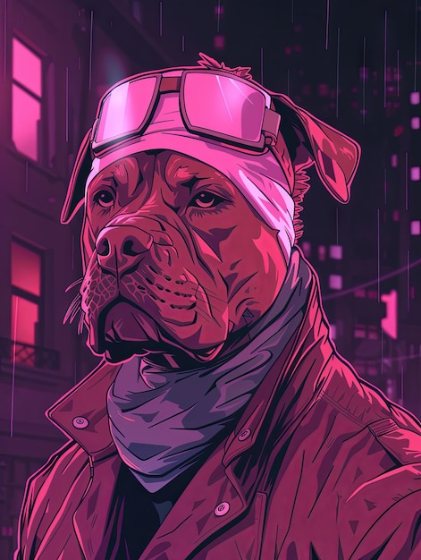 la cabeza y los hombros de un perro pitbull marrón en una ciudad cyberpunk el fondo es un estilo de pulpa púrpura oscura y negra duramente hervida