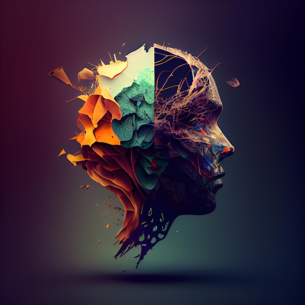 Cabeza humana abstracta hecha de salpicaduras de colores ilustración 3d