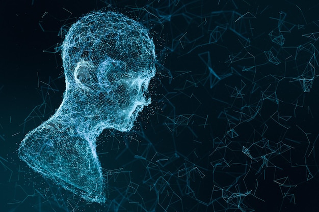 Cabeza humana compuesta de líneas tecnológicas con el concepto de renderización 3D de Inteligencia Artificial