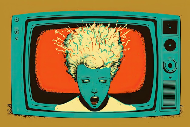 Cabeza humana dentro de un televisor sobre fondo colorido Concepto loco IA generativa
