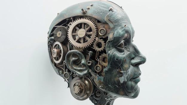 Una cabeza humana con un mecanismo de reloj dentado El concepto de la toma de decisiones pensante