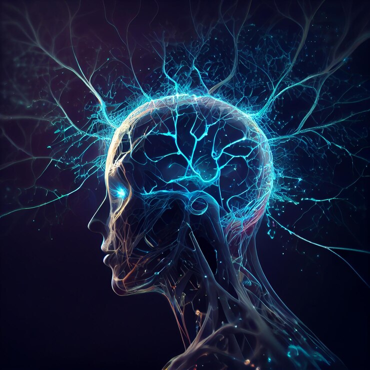 Cabeza humana con neuronas brillantes en el cerebro Concepto esotérico y de meditación Conexión con otros mundos generativos ai