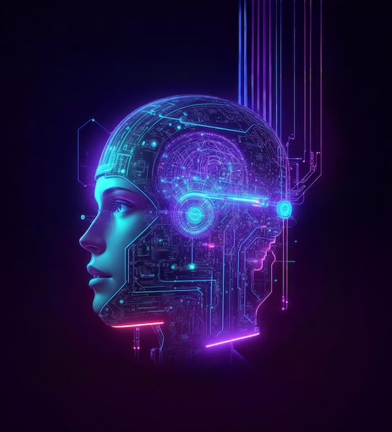 Cabeza humana con red neuronal de inteligencia artificial de neón o cyborg