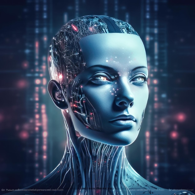 Cabeza humana utilizada para el futuro aumento de la IA en la singularidad de la tecnología mediante el aprendizaje profundo de la IA generativa