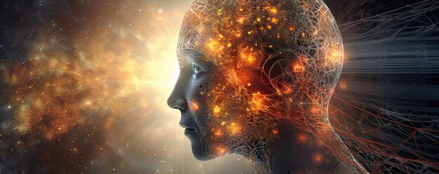 Cabeza humana utilizada para el futuro aumento de la IA en la singularidad de la tecnología mediante el aprendizaje profundo de la IA generativa