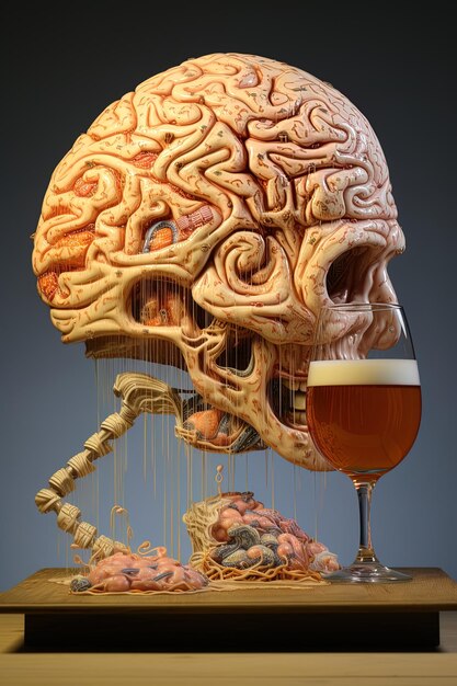 una cabeza humana con un vaso de cerveza a su lado