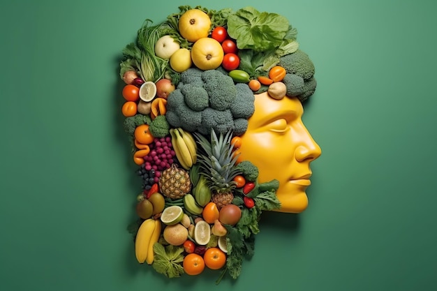 Cabeza humana de vegetariano de frutas y verduras Concepto de alimentación saludable con alimentos y vegetarianismo sobre fondo verde Ilustración generativa de IA